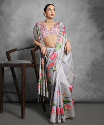 Grey soft tussar silk floral printed saree with blouse 2
