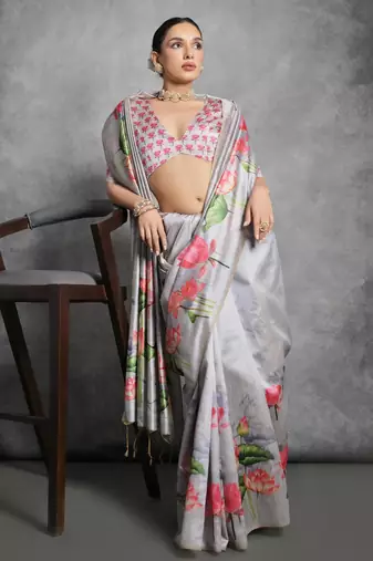 Grey soft tussar silk floral printed saree with blouse
