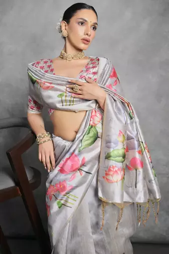 Grey soft tussar silk floral printed saree with blouse