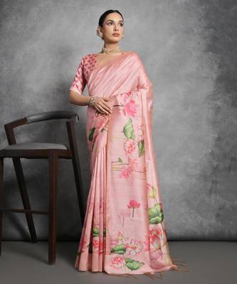 Pink soft tussar silk floral printed saree with blouse 1