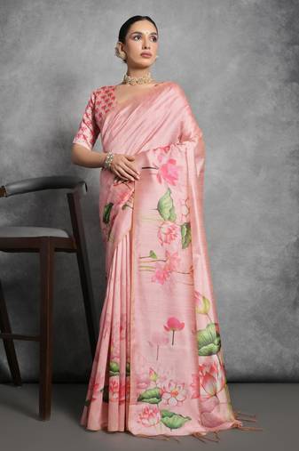 Pink soft tussar silk floral printed saree with blouse