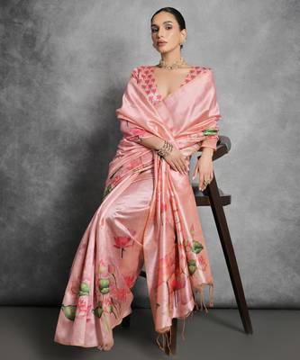 Pink soft tussar silk floral printed saree with blouse 2