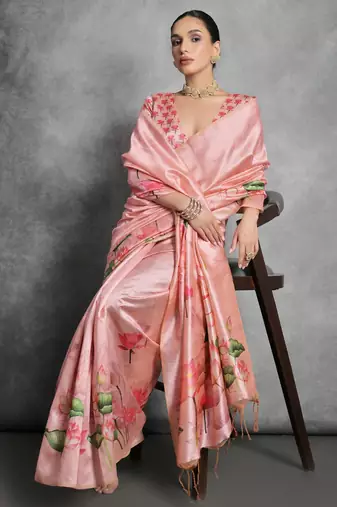 Pink soft tussar silk floral printed saree with blouse