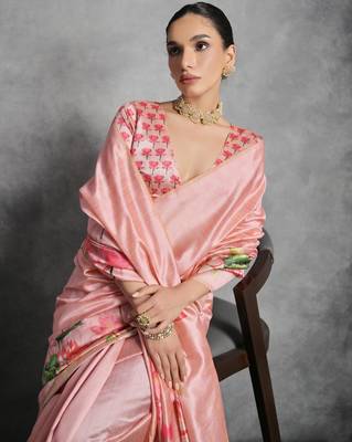 Pink soft tussar silk floral printed saree with blouse 4