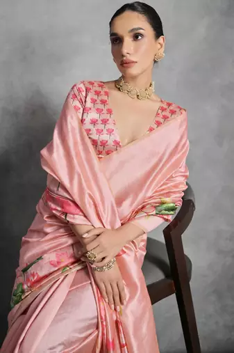 Pink soft tussar silk floral printed saree with blouse