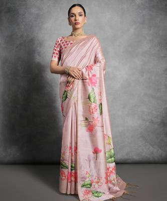 Peach soft tussar silk floral printed saree with blouse 1