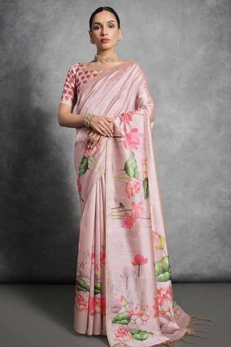 Peach soft tussar silk floral printed saree with blouse