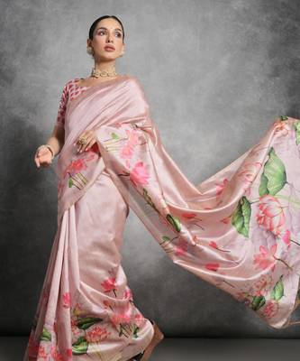 Peach soft tussar silk floral printed saree with blouse 2