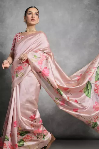 Peach soft tussar silk floral printed saree with blouse