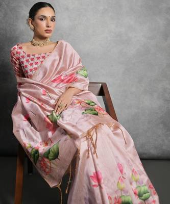 Peach soft tussar silk floral printed saree with blouse 3