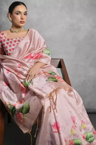 Peach soft tussar silk floral printed saree with blouse