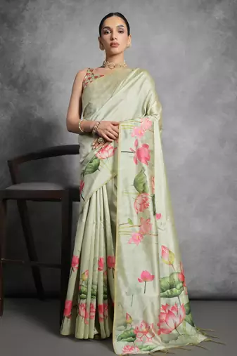 Pista green soft tussar silk floral printed saree with blouse