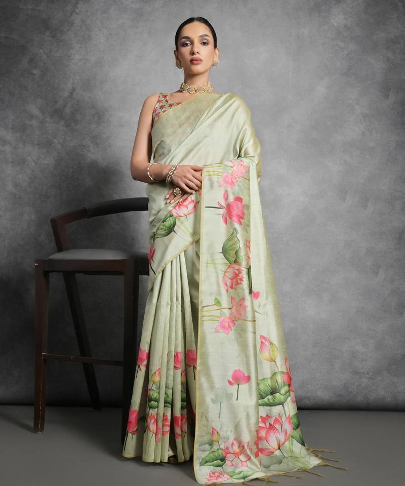 Pista green soft tussar silk floral printed saree with blouse