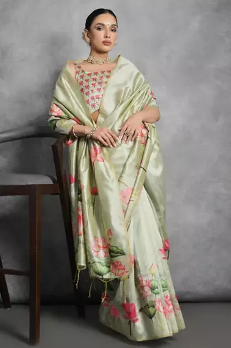 Pista green soft tussar silk floral printed saree with blouse
