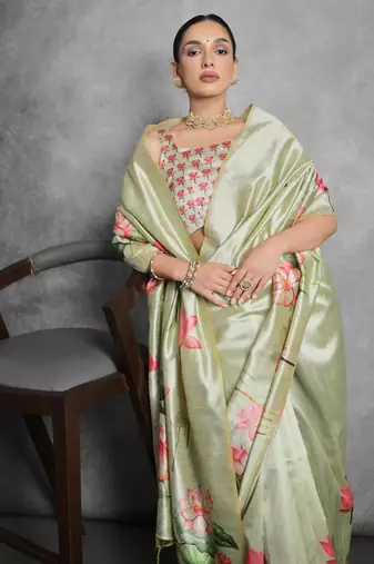 Pista green soft tussar silk floral printed saree with blouse
