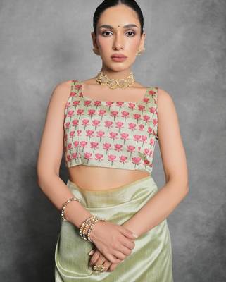 Pista green soft tussar silk floral printed saree with blouse 4