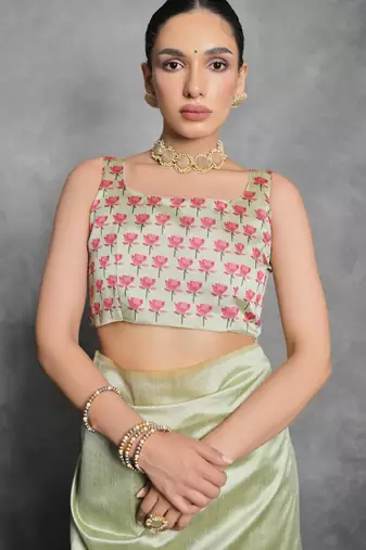 Pista green soft tussar silk floral printed saree with blouse