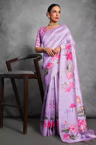 Lavender soft tussar silk floral printed saree with blouse