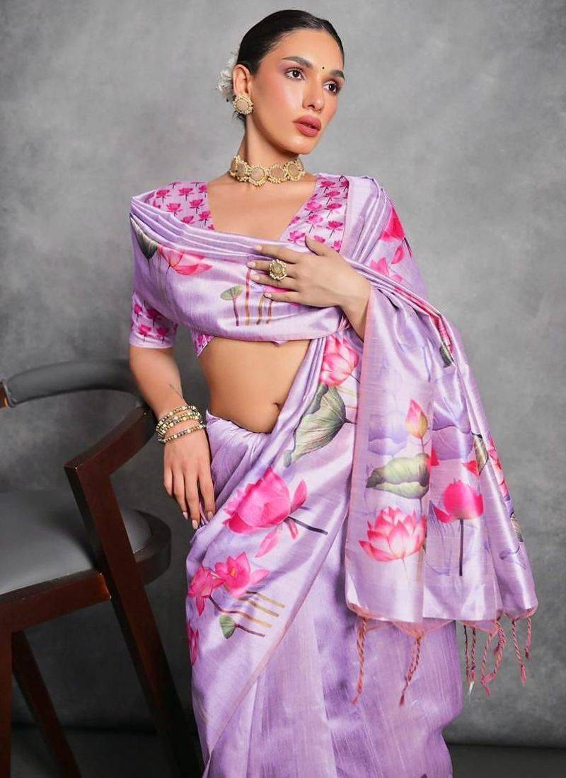 Lavender soft tussar silk floral printed saree with blouse
