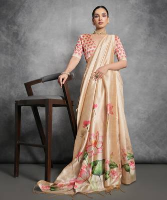 Cream soft tussar silk floral printed saree with blouse 2