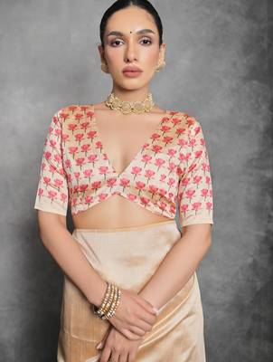 Cream soft tussar silk floral printed saree with blouse 4