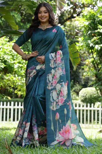 Teal soft tussar silk floral printed saree with blouse