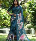 Teal soft tussar silk floral printed saree with blouse