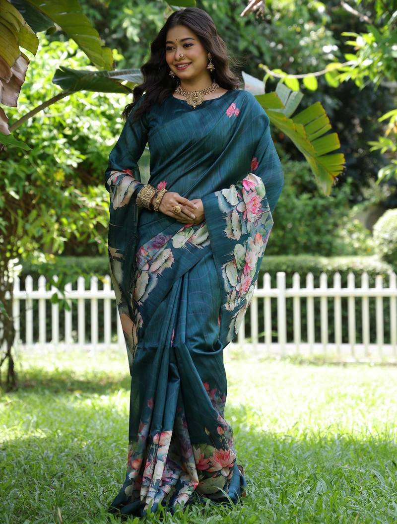 Teal soft tussar silk floral printed saree with blouse