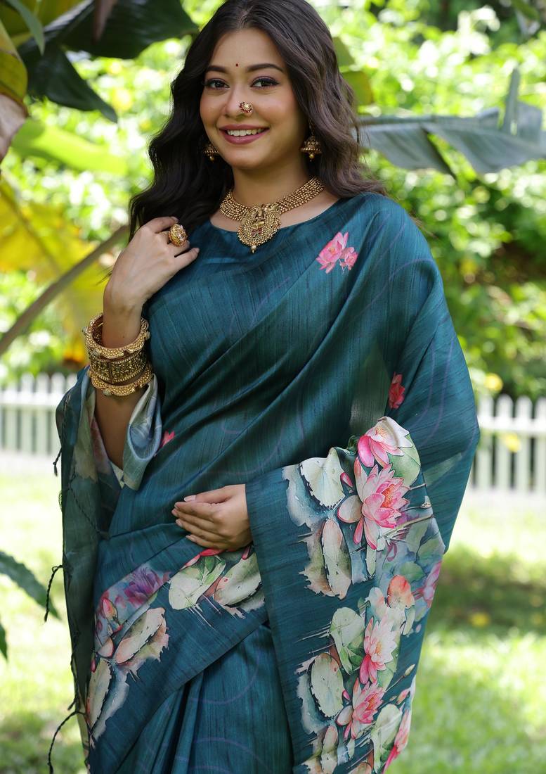 Teal soft tussar silk floral printed saree with blouse