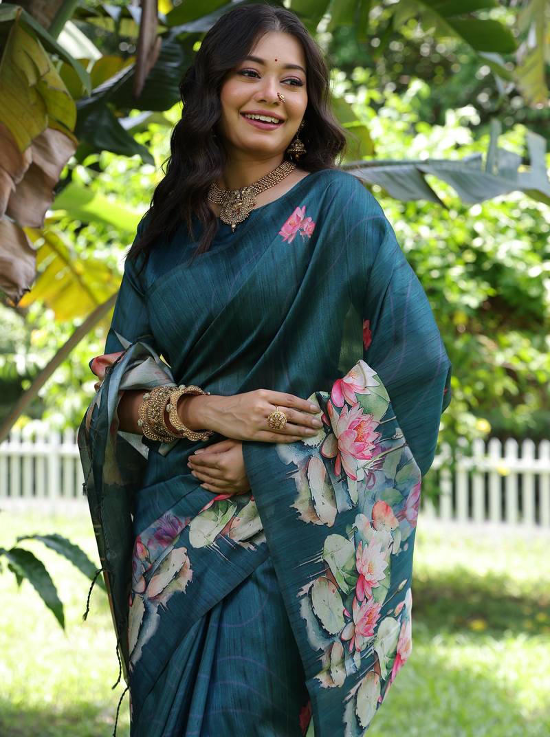 Teal soft tussar silk floral printed saree with blouse