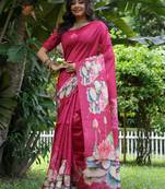 Rani pink soft tussar silk floral printed saree with blouse
