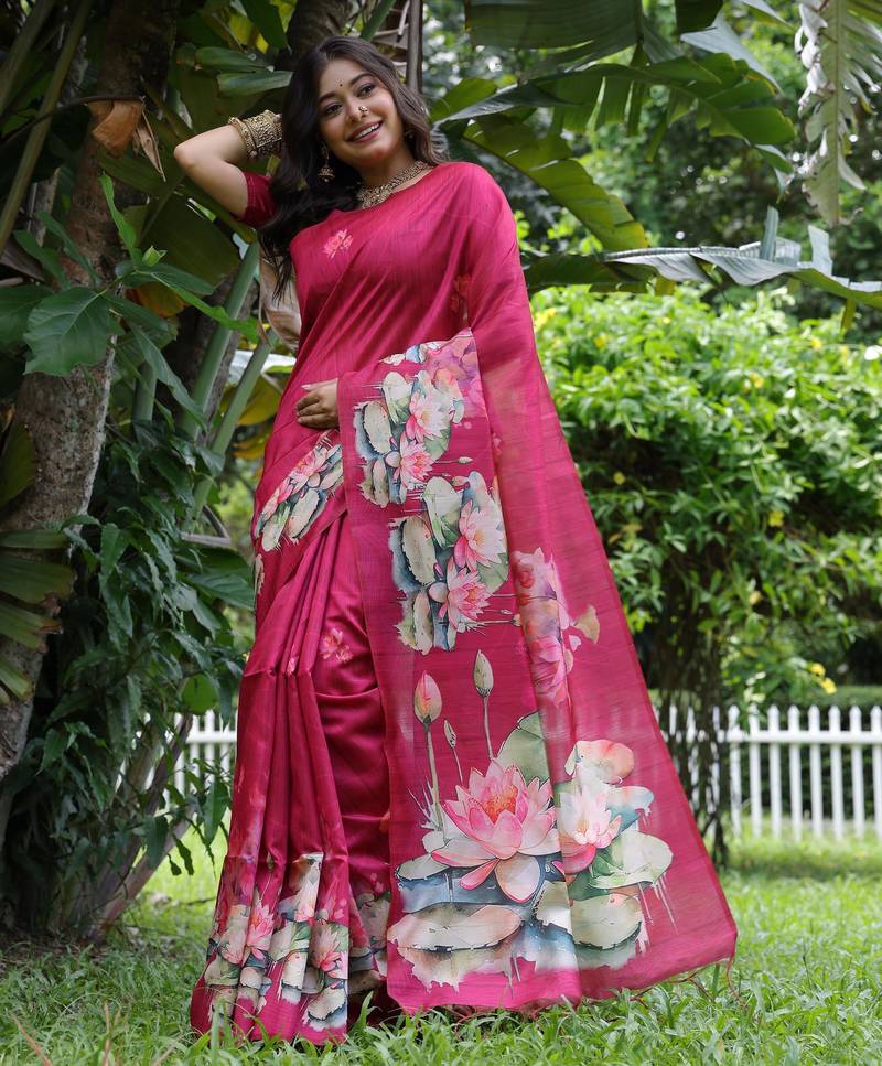 Rani pink soft tussar silk floral printed saree with blouse