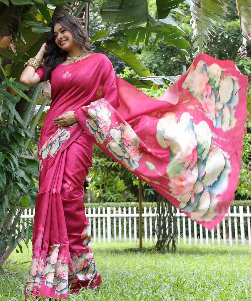 Rani pink soft tussar silk floral printed saree with blouse