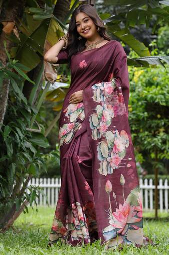 Wine soft tussar silk floral printed saree with blouse