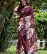 Wine soft tussar silk floral printed saree with blouse
