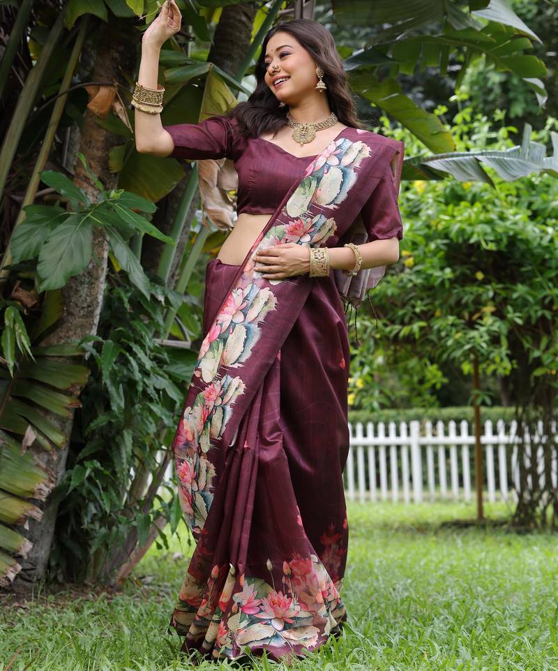 Wine soft tussar silk floral printed saree with blouse