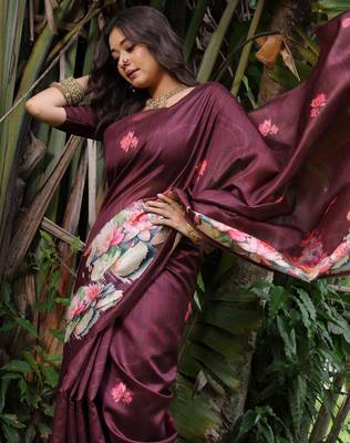 Wine soft tussar silk floral printed saree with blouse 3