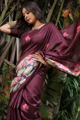 Wine soft tussar silk floral printed saree with blouse