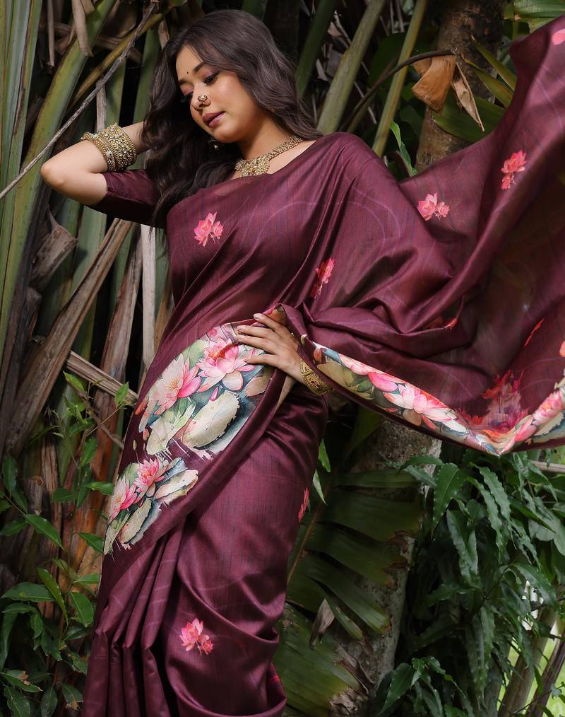 Wine soft tussar silk floral printed saree with blouse