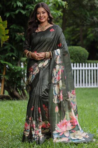 Mehendi soft tussar silk floral printed saree with blouse