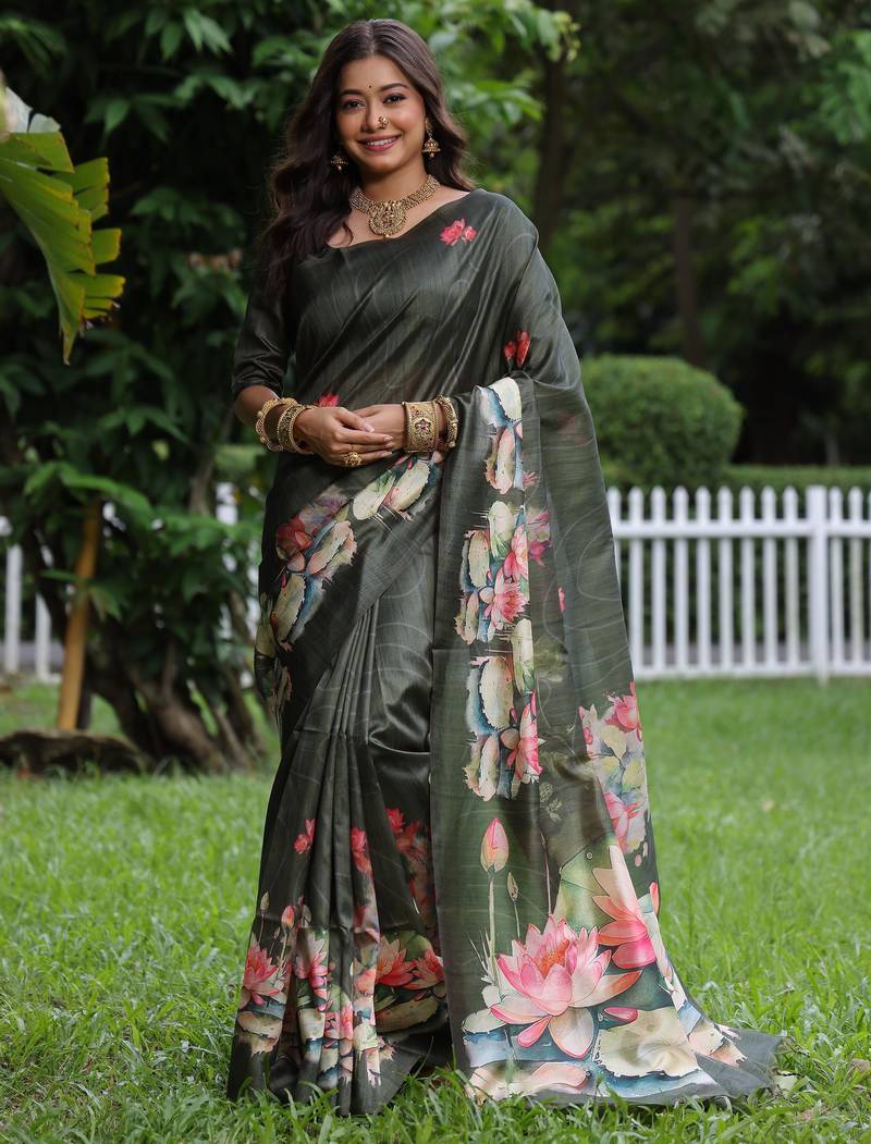 Mehendi soft tussar silk floral printed saree with blouse