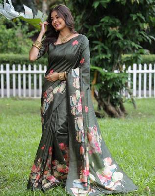 Mehendi soft tussar silk floral printed saree with blouse 2