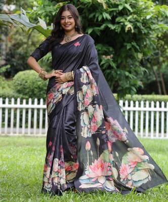 Black soft tussar silk floral printed saree with blouse 1