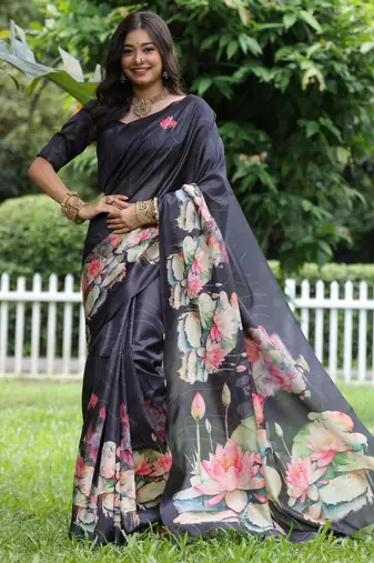 Black soft tussar silk floral printed saree with blouse