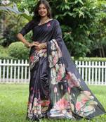 Black soft tussar silk floral printed saree with blouse