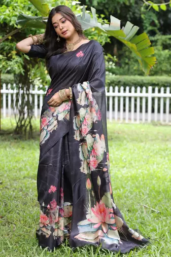 Black soft tussar silk floral printed saree with blouse