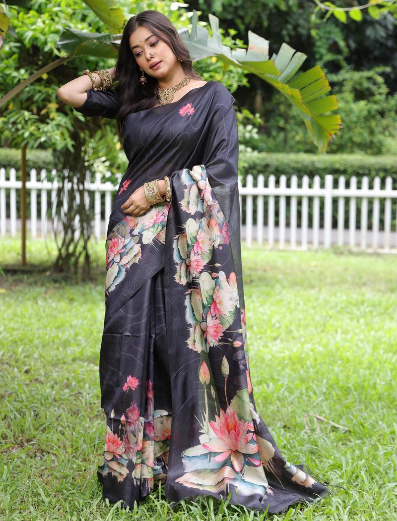 Black soft tussar silk floral printed saree with blouse