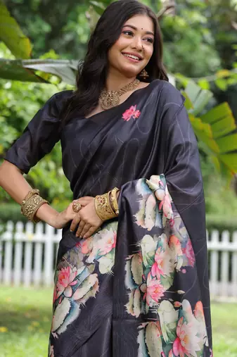 Black soft tussar silk floral printed saree with blouse