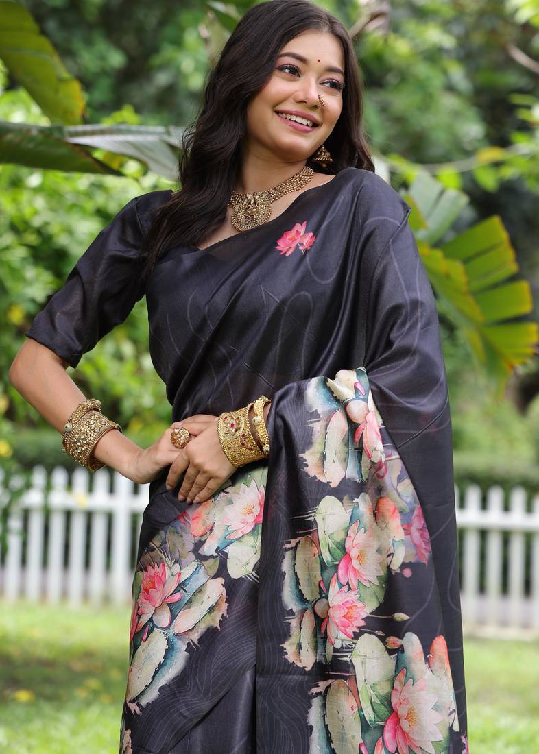 Black soft tussar silk floral printed saree with blouse