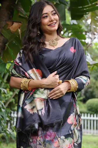 Black soft tussar silk floral printed saree with blouse